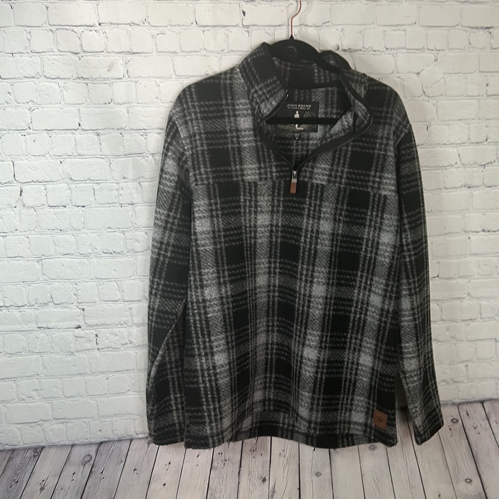 John Wayne Stock & Supply Black and Gray Plaid Fleece Zip Pullover SZ M